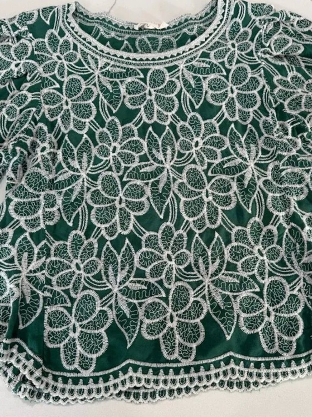Solitaire Embroidered Blouse Puff Sleeve Floral Boho Top Size Large Popover